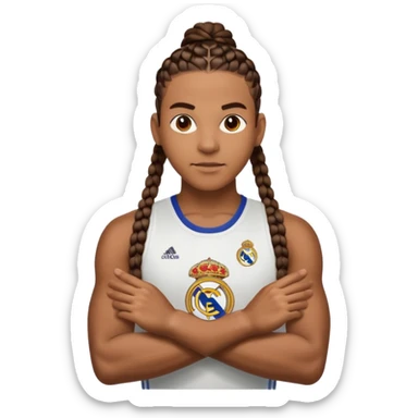 Make raphinha strong with cornrows and buff holding a the real madrid logo in between hid hands sticker