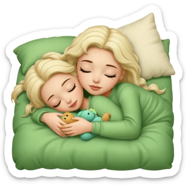 single-girl-in-Warm Cream-cozy-green-bed-sleeping-pretty-eyelashes-light-skin-with toy sticker