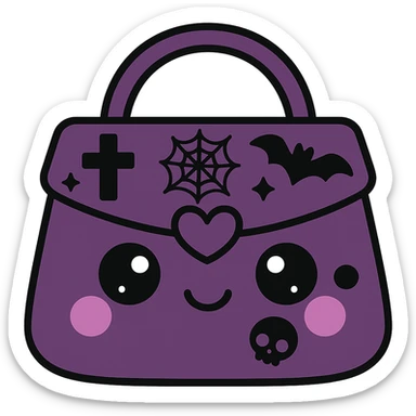 Change the color scheme to purple and black. Create a gothic kawaii purse with big eyes, smiling, cartoonish and playful style. Add gothic details like crosses, spiderwebs, bats, and skulls. Remove the background. sticker