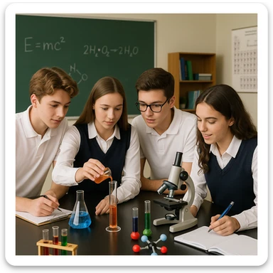 male and female students together, wearing school uniforms (white polo for male, white long sleeves and navy blue vest for female), working on a science experiment, hands-on learning sticker