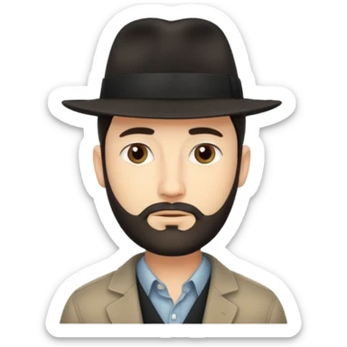 A light-skinned man with short dark hair, thin straight beard, and a black fedora, with an oval face and calm look. sticker