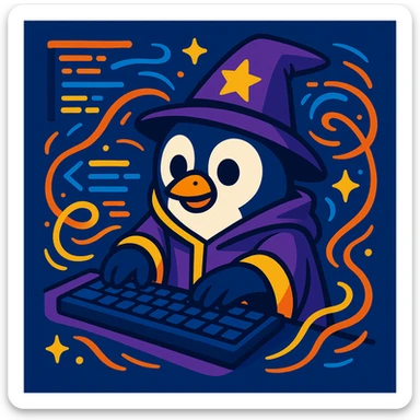 a cute penguin in wizard robes, typing on a keyboard, with lines of code and magical effects swirling around sticker