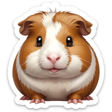 Cinematic Cute Brown and White Banded Guinea Pig Portrait Emoji, Head tilted playfully and inquisitively, showcasing a fluffy coat with playful brown and white banded patterns, round, sparkling dark eyes filled with curiosity, Simplified yet irresistibly adorable features, highly detailed, glowing with a warm, friendly glow, high shine, affectionate and spirited, stylized with a touch of whimsy, bright and endearing, soft glowing outline, capturing the essence of a mischievous yet loving guinea pig, so playful it feels like it could dash out of the screen and into your arms! sticker