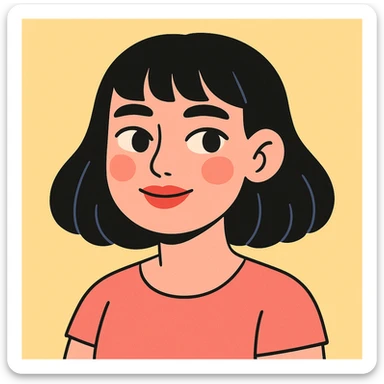 portrait of a girl with black shoulder-length hair, bangs, black almond-shaped eyes, full lips, and straight nose, in pastel toon style sticker