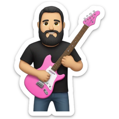 white man with dark beard and black t shirt and pink electric guitar sticker