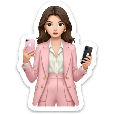 pale skin Kendall Jenner with dark blonde wavy long Hair, light pink Spacious classical jacket, light pink palazzo Arrow pants and white blouse holding white IPhone 15 pro in the hands sticker