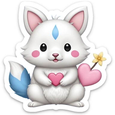 GENERATE ME A MOMONGA WHITE ANIMAL  FROM CHIIKAWA AND PUT A SAKURA FLOWER ON HIS HEAD AND A STAR PELT ON HIS BELLY AND A HEART PURSE ON HIS ARM WITH HIS FACE MAKE HIS TOUNGE STICK OUT WITH A LITTLEPINCH OFDROOL AND MAKE HIM ANIME STYLED ART GIVE HIM A BIG BLUE FLUFFY TAIL JUST TAIL sticker
