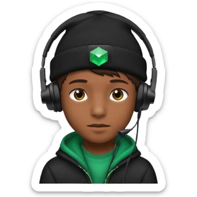 garcon avec un bonnet noir avec un emeraude dessus et un casque gaming sticker