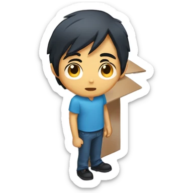 Asian man in blue shirt, dark medium length  hair, hiding in a shipping box sticker