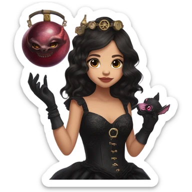 healthy standing flirty Lavish black evening gown with see-through gloves, Jenna Ortega as Addams woman wearing a steampunk mini tiara, very large blood moon pink evil-looking horned old dragon purse sticker