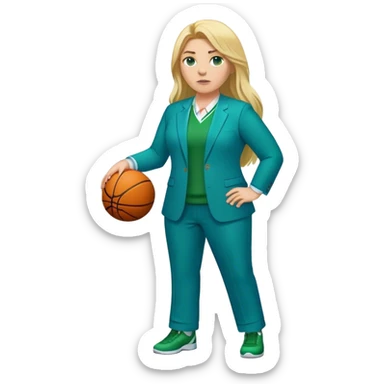 Full Body white plus size female basketball head coach with long blonde hair in a blue and green suit sticker