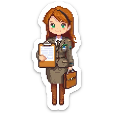 female recruiter, cute, pixel art with a clipboard sticker