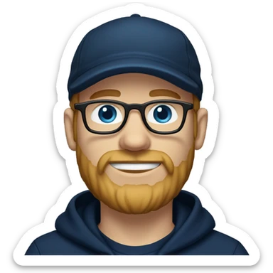 a white dude with blue eyes a brown blonde beard and sideburns and thin frame glasses wearing a black newsboy hat a navy blue pull over hoodie and dark blue t shirt sticker