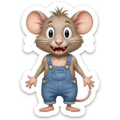 disheveled dizzy cartoon hillbilly rat wearing overalls no shirt. standing and talking full body. human eyes. teeth showing talking. walking talking moving arms. reacting upset sticker