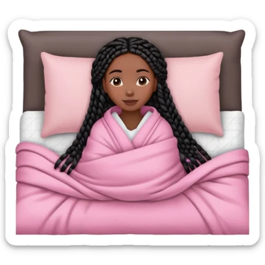 A dark-skinned Black woman with black box braids, lying on her side in bed, wrapped in a blanket, resting on a pink pillow sticker