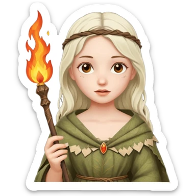 ancient european girl, tattered leaf cloth, hold fire stick sticker