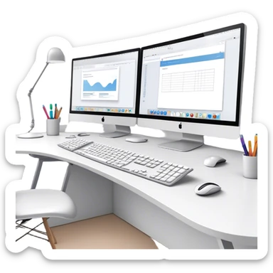 Create an emoji for UX/UI design. Show a workspace with two large curved monitors placed next to each other, displaying design mockups or wireframes. A mouse, keyboard, and stylus to symbolize the tools used in the design process. Do not include any emojis or smiley faces. Background transparent. sticker