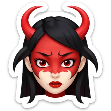 Head only demon girl; face with pronounced cheekbones and angular jaw; skin is uniform pure red (#FF0000) everywhere; long straight smooth black hair; small horns sticker