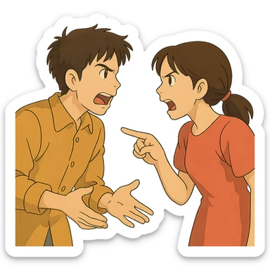ghibli style illustration of a man and woman in a heated discussion sticker
