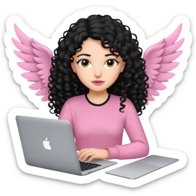 a girl typing mac book air with long black curly hair and brown eyes with winged black eyeliner, pink shirt sticker