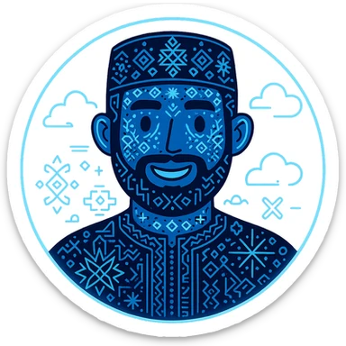 Add more prominent Algerian traditional patterns and motifs in a tech-inspired, minimalist style. Keep the avatar friendly and inside the glowing circular frame. Maintain a transparent background. The style should be tech-inspired minimalist with clear Algerian traditional patterns. sticker