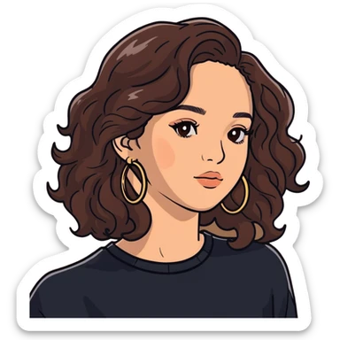 cute girl with curly/wavy balayage brunette hair, brown eyes, clean girl makeup, hoop earrings sticker