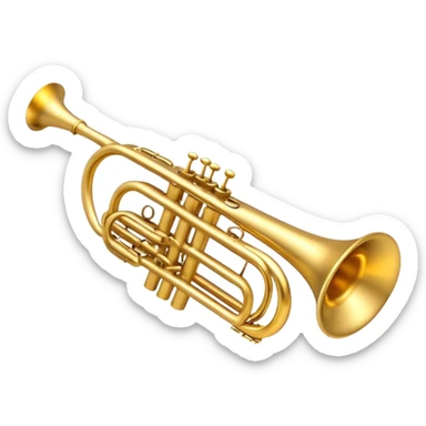 Create a sleek and professional emoji representing a Stomvi trumpet. The design should showcase the shiny, polished brass body of the trumpet with its distinct bell, valves, and tuning slides. Highlight the intricate keywork and the valve pistons, with detailed metallic accents and subtle reflections on the surface. The mouthpiece should be visible at the top of the instrument. Use golden and brass tones with light reflections to emphasize the smooth, high-quality finish. Add a few musical notes floating around the trumpet to evoke its bright and resonant sound. The background should be transparent. sticker