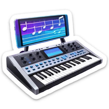 Create a professional and artistic emoji that represents sound design. The design should feature essential sound design equipment, including a high-end Korg synthesizer, a sound mixing console with visible wires, large studio speakers, and a microphone. Surround the equipment with flowing, abstract sound waves and musical notes to symbolize the fluid, creative nature of sound design. Add subtle effects like glowing sound frequencies or swirling patterns to represent the dynamic manipulation of sound. Use sleek, modern colors like black, silver, neon blue, and purple to evoke a sense of innovation and artistic exploration. The background should be transparent. sticker
