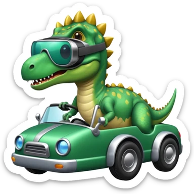 Dinosaurio subido en un carro tecnológico con lentes de realidad virtual sticker