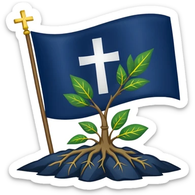 a flag with a Navy blue background with a white cross in the center, roots coming down from the bottom of the cross, a green leaf in the top right corner of the flag, and a slightly dark yellow star rising from behind the cross. sticker