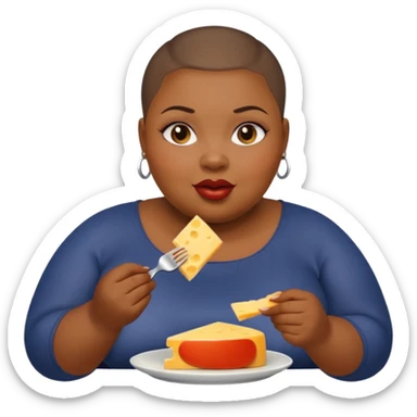 Black fat woman with buzz cut eating cheese sticker