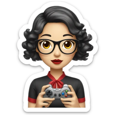 Asian girl with black wavy hair holding game controller wearing glasses red lips sticker