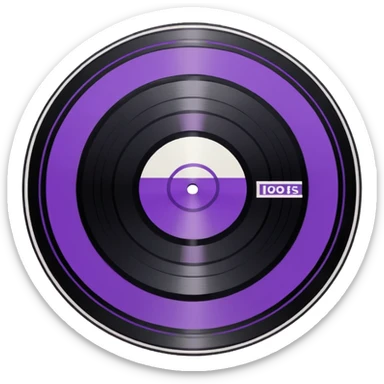 black pixel art vinyl record with a purple and white striped middle label, pixel art sticker
