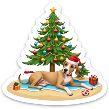 Fawn Great Dane laying on a tropical beach with a Christmas tree and dog bones under the tree sticker