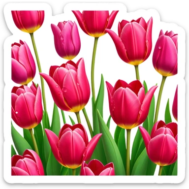 Tulips – Cinematic Realistic Tulips, depicted as a vibrant field of blooming tulips in brilliant hues, each delicate petal catching dewdrops under soft, natural spring light, rendered with detailed textures and a dreamy, picturesque glow. sticker