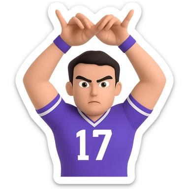 Edit the image to change the hand pose: palms facing inward, fingers spread and bent, crossing above knuckles, thumbs crossed and pointing up like horns. Keep the intense expression, short dark hair, sporty jersey, and flexed arms. Maintain the emoji style look with a transparent background. sticker