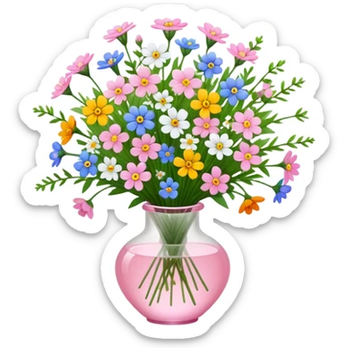 Huge bouquet of tiny wildflowers in a clear light pink glass vase sticker