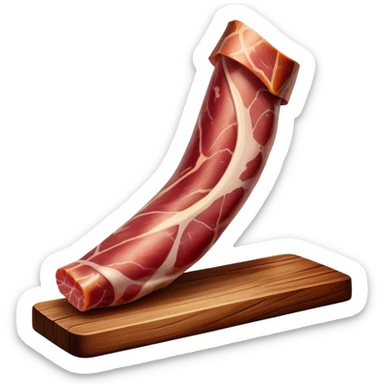 ​Cinematic Realistic Spanish Jamón Leg, depicted as a massive, cured leg of Jamón serrano (ham) with a deep reddish-brown hue, intricately marbled and slightly glossy with age, elegantly displayed on a rustic wooden stand and bathed in warm, soft lighting that accentuates its artisanal heritage, sticker