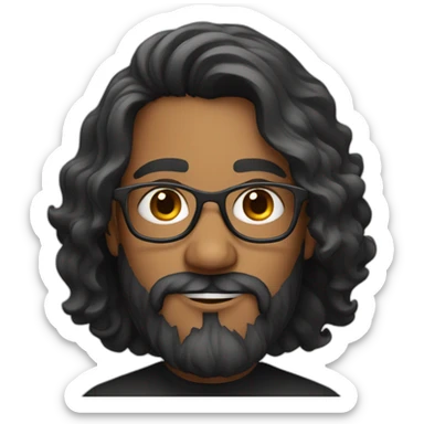 Indian man with long wavy hair, well groomed beard, glasses and a black tee sticker