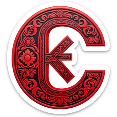 Russian ruble currency symbol (₽) decorated with traditional Udmurt folk patterns, geometric ornaments in red and black colors, symmetrical design sticker