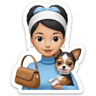 tan skin woman, with very short black hair in a slicked back ponytail with forehead showing, with white headband, wearing solid pastel blue turtleneck shirt, smiling carrying dark brown-white furry fuzzy chihuahua papillon dog inside dog purse sticker