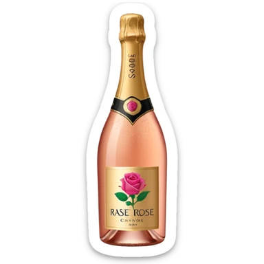 bottle of sparkling rosé champagne with a rose logo on the label, with the cork popping out from the top, tilted up and to the left, no glass sticker
