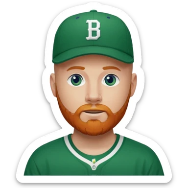 Bald white man with ginger beard, blue eyes in Tatum Boston Celtics jersey and Boston Celtics baseball cap sticker