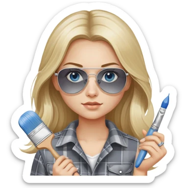 girl with long blond hair, wearing grey plaid shirt with blue eyes and aviator sunglasses wearing a ring on her silver necklace, holding a paint brush roller with a small bit of white paint on her face sticker
