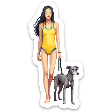 Slim Chinese woman with long black hair in appropriate beach attire at the beach with her completely solid grey Italian greyhound, ocean and sand visible, the dog has absolutely no white markings anywhere sticker