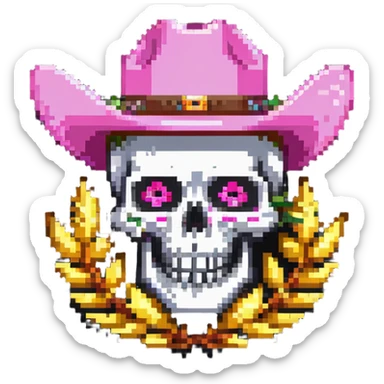 skull wearing a pink cowboy hat with a piece of wheat between its teeth sticker