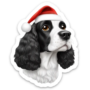 black and white trimed english cocker spaniel with spots on nose and black ears and santa hat sticker