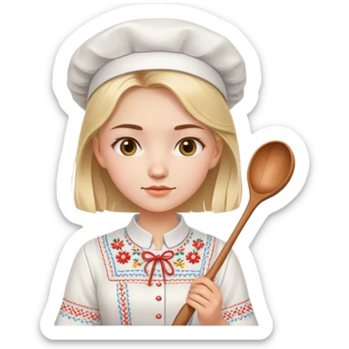 Ukrainian young girl in a white embroidered traditional shirt holding cooking tools like spoon and ladle sticker