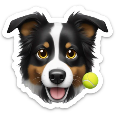 Black with a little white on her short fur border collie dog, red bandana, yellow tennis ball held in mouth sticker
