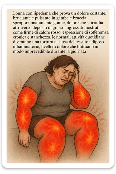 "Woman with lipedema experiencing constant burning and aching pain in disproportionately swollen legs and arms, pain radiating through enlarged fat deposits shown as red heat signatures, expression of chronic suffering and exhaustion, normal daily activities becoming torture due to inflammatory adipose tissue, pain levels fluctuating unpredictably throughout the day" scritte in italiano sticker